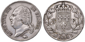 FRANCIA. Luigi XVIII (1814-1824). 5 Franchi 1824 D (Lione). AG (g 24,92). Gad.614; KM 711.4. Colpi al bordo.
BB