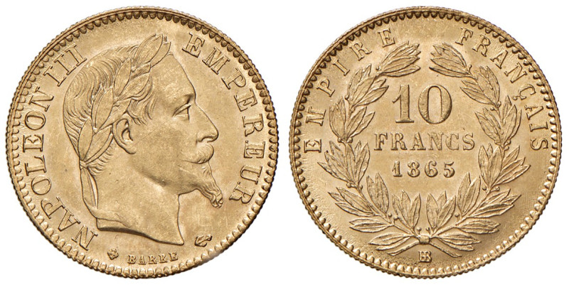 FRANCIA. Napoleone III (1852-1870). 10 Franchi 1865 BB (Strasburgo). AU (g 3,22)...