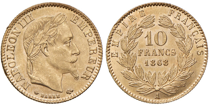 FRANCIA. Napoleone III (1852-1870). 10 Franchi 1868 A (Parigi). AU (g 3,22). Gad...