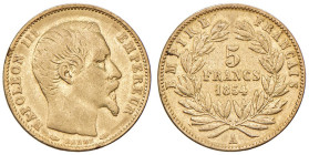 FRANCIA. Napoleone III (1852-1870). 5 Franchi 1854 A (Parigi) piccolo modulo. AU (g 1,60). Gad.1000. Probabbile provenienza da montatura.
MB