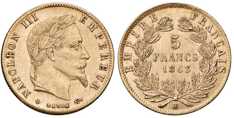 FRANCIA. Napoleone III (1852-1870). 5 Franchi 1863 BB (Strasburgo). AU (g 1,62)....