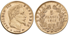 FRANCIA. Napoleone III (1852-1870). 5 Franchi 1863 BB (Strasburgo). AU (g 1,62). Gad.1002.
qSPL/SPL