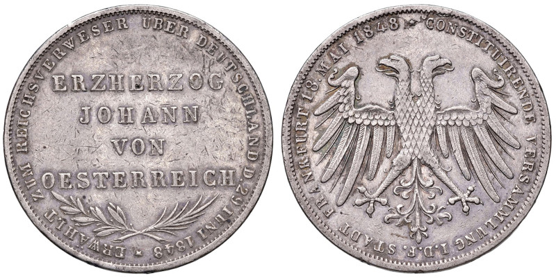 GERMANIA. Francoforte. Arciduca Giovanni. 2 Gulden 1848. AG (g 21,13). KM 338.
...