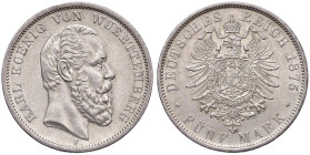 GERMANIA. Wurtemberg. Karl (1864-1891). 5 Marchi 1875 F. AG (g 27,73). KM 623; Jaeger 173. Raro.
SPL/SPL+