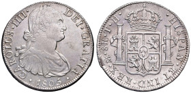 MESSICO. Carlo IV (1788-1808). 8 Reales 1805 TH. AG (g 26,88). Cal. 703. Schiacciatura al bordo.
qSPL/SPL