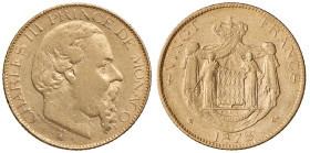 MONACO. Carlo III (1856-1889). 20 Franchi 1878. AU (g 6,42). KM 98.
MB