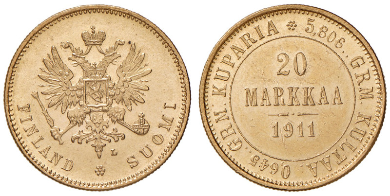 RUSSIA (Finlandia). Nicola II (1894-1917). 20 Markkaa 1911. AU (g 6,44). KM 9.2....