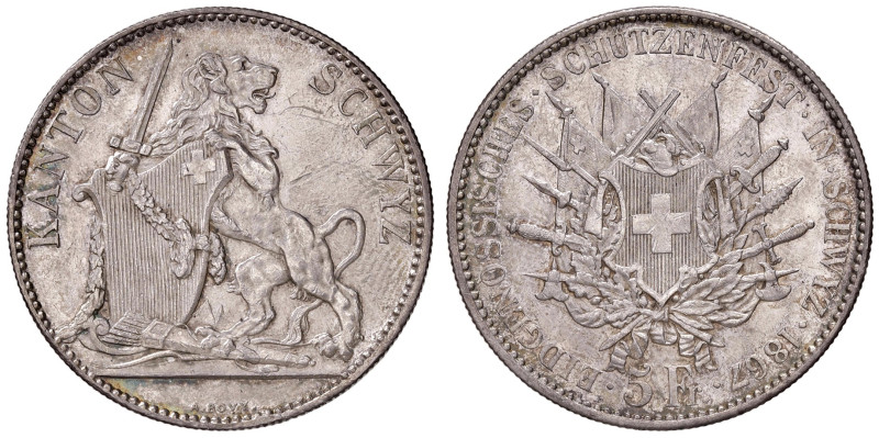 SVIZZERA. 5 Franchi 1867 Tiro Federale di Schwyz. AG (g 25,07). KM S9. Segni nei...