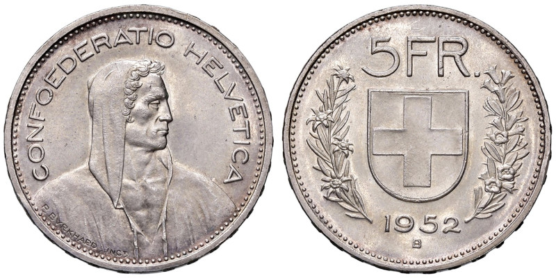SVIZZERA. Confederazione. 5 Franchi 1952. AG (g 15). KM 40. Colpetto al bordo ma...