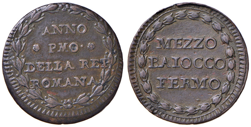 FERMO. Prima Repubblica Romana (1798-1799). 1/2 Baiocco 1798. CU (g 6,03). Gig. ...