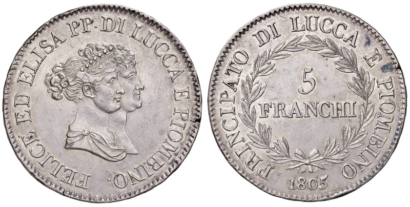 LUCCA. Elisa Bonaparte e Felice Baciocchi (1805-1814). 5 Franchi 1805. AG (g 24,...