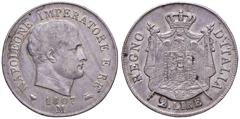 MILANO. Napoleone I (1805-1814). 2 Lire 1807. AG (g 9,93 ). Gig. 125. RR Segno s...