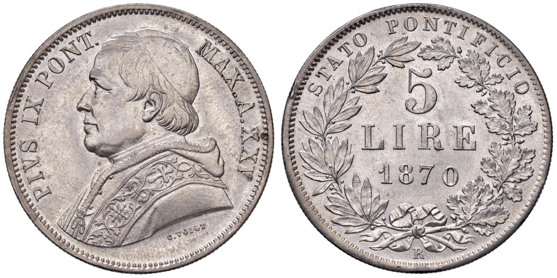 ROMA. Pio IX (1846-1870). 5 Lire 1870 An. XXV. AG (g 25,00). Gig. 283. Colpetti ...