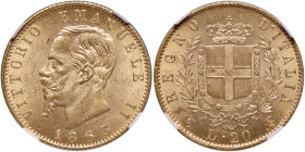 REGNO D'ITALIA. Vittorio Emanuele II (1861-1878). 20 Lire 1863 Torino. AU. Gig. 7. In slab NGC 5782295-013 MS 63.
FDC