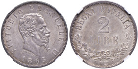 REGNO D'ITALIA. Vittorio Emanuele II (1861-1878). 2 Lire 1863 Napoli. AG. Gig. 58. In slab NGC 5782310-017 MS 63. Conservazione eccezionale.
FDC