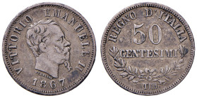 REGNO D'ITALIA. Vittorio Emanuele II (1861-1878). 50 Centesimi 1867 Torino. AG. RRR Gig. 82.
qBB
