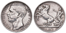 REGNO D'ITALIA. Vittorio Emanuele III (1900-1943). 10 Lire 1928 (2 Rosette) Biga. AG. Gig. 57a. RR
MB+