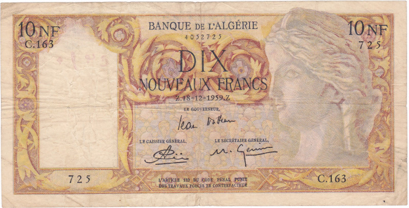 ALGERIA. 10 Nouveaux Franchi 1959. 18-12-1959. KM:119a. Carta di buona consisten...