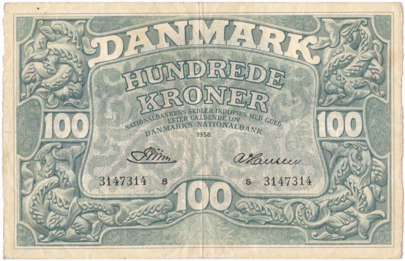 DANIMARCA. Biglietto da 100 Kroner 1958. Pick #39. Carta di buona consistenza, c...