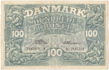 DANIMARCA. Biglietto da 100 Kroner 1958. Pick #39. Carta di buona consistenza, colori vivi, piega centrale.
BB+