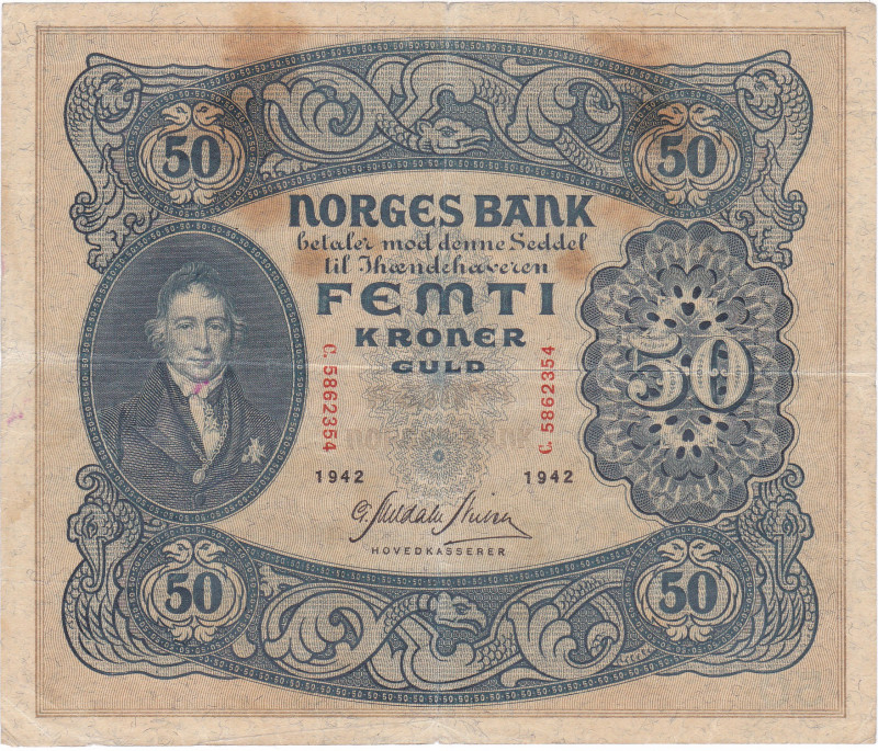 NORVEGIA. Biglietto da 50 kroner 1942. PickP #9d. Piega centrale, macchie di ing...