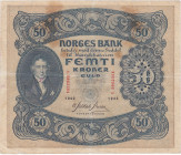 NORVEGIA. Biglietto da 50 kroner 1942. PickP #9d. Piega centrale, macchie di ingiallimento della carta.
BB+