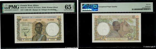Country : FRENCH WEST AFRICA (1895-1958) 
Face Value : 25 Francs 
Date : 17 août...