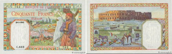 Country : ALGERIA 
Face Value : 50 Francs 
Date : 28 mai 1941 
Period/Province/B...