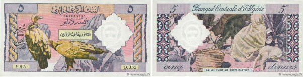Country : ALGERIA 
Face Value : 5 Dinars 
Date : 01 janvier 1964 
Period/Provinc...