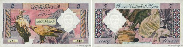 Country : ALGERIA 
Face Value : 5 Dinars 
Date : 01 janvier 1964 
Period/Provinc...