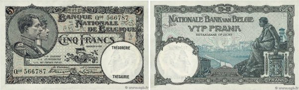 Country : BELGIUM 
Face Value : 5 Francs 
Date : 08 juillet 1927 
Period/Provinc...