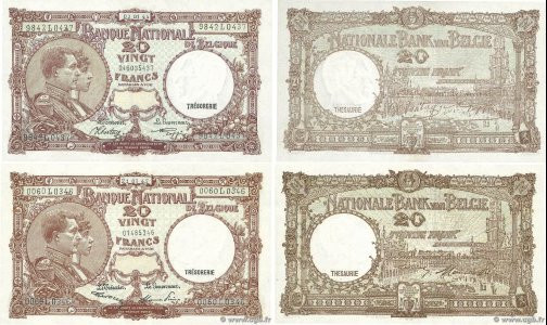Country : BELGIUM 
Face Value : 20 Francs 
Date : 1944-1947 
Period/Province/Ban...