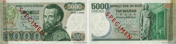 Country : BELGIUM 
Face Value : 5000 Francs Spécimen 
Date : (1971) 
Period/Prov...