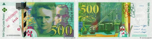 Country : FRANCE 
Face Value : 500 Francs PIERRE ET MARIE CURIE Spécimen 
Date :...