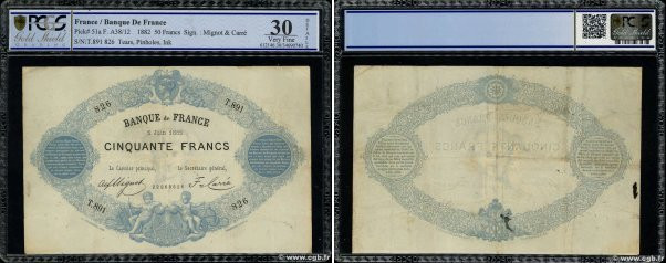 Country : FRANCE 
Face Value : 50 Francs type 1868 - Bleu à indices Noirs 
Date ...