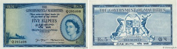 Country : MAURITIUS 
Face Value : 5 Rupees 
Date : (1954) 
Period/Province/Bank ...