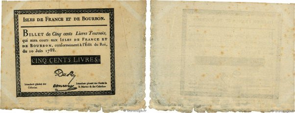 Country : ISLES OF FRANCE AND BOURBON 
Face Value : 500 Livres Faux 
Date : 10 j...