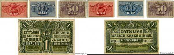 Country : LATVIA 
Face Value : 1 Rublis, 5, 10 et 50 Kapeikas Lot 
Date : (1919-...