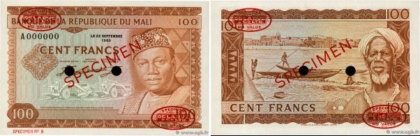 Country : MALI 
Face Value : 100 Francs Spécimen 
Date : 22 septembre 1960 
Peri...