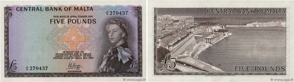 Country : MALTA 
Face Value : 5 Pounds 
Date : (1968) 
Period/Province/Bank : Ce...