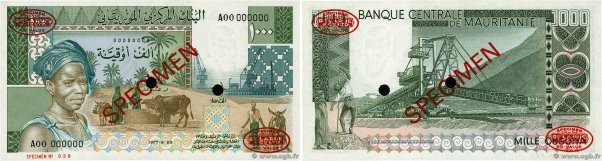 Country : MAURITANIA 
Face Value : 1000 Ouguiya Spécimen 
Date : 29 juin 1977 
P...