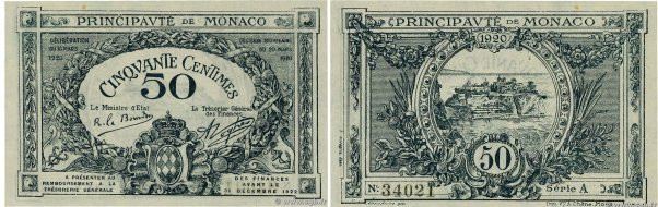 Country : MONACO 
Face Value : 50 Centimes 
Date : 16 mars 1920 
Period/Province...