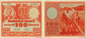 Country : NORWAY 
Face Value : 100 Kroner 
Date : 1955 
Period/Province/Bank : Norges Bank 
Catalogue reference : P.33b 
Alphabet - signatures - serie...