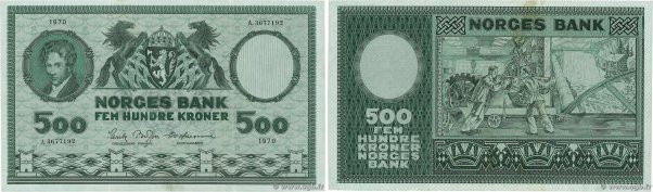 Country : NORWAY 
Face Value : 500 Kroner 
Date : 1970 
Period/Province/Bank : N...