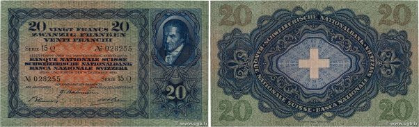 Country : SWITZERLAND 
Face Value : 20 Francs 
Date : 04 décembre 1942 
Period/P...