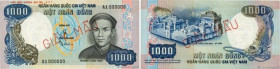 Country : SOUTH VIETNAM 
Face Value : 1000 Dong Spécimen 
Date : (1975) 
Period/Province/Bank : National Bank of Viet Nam 
Catalogue reference : P.34A...
