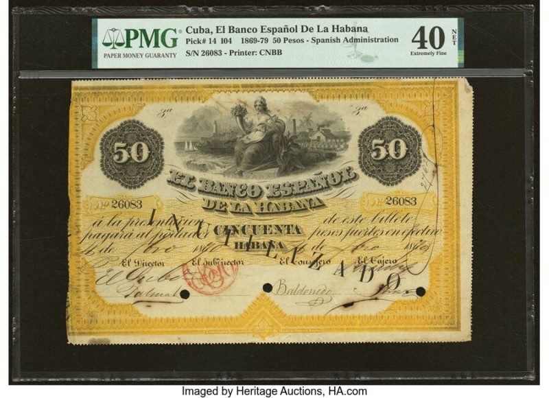 Cuba El Banco Espanol de la Habana 50 Pesos 21.2.1870 Pick 14 PMG Extremely Fine...