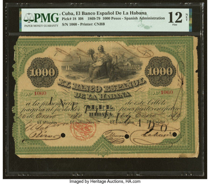 Cuba El Banco Espanol de la Habana 1000 Pesos 26.1.1870 Pick 18 PMG Fine 12 Net....