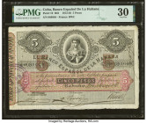Cuba El Banco Espanol de la Habana 5 Pesos 21.3.1881 Pick 19 PMG Very Fine 30. The design elements of the large format notes of this issuer are simply...