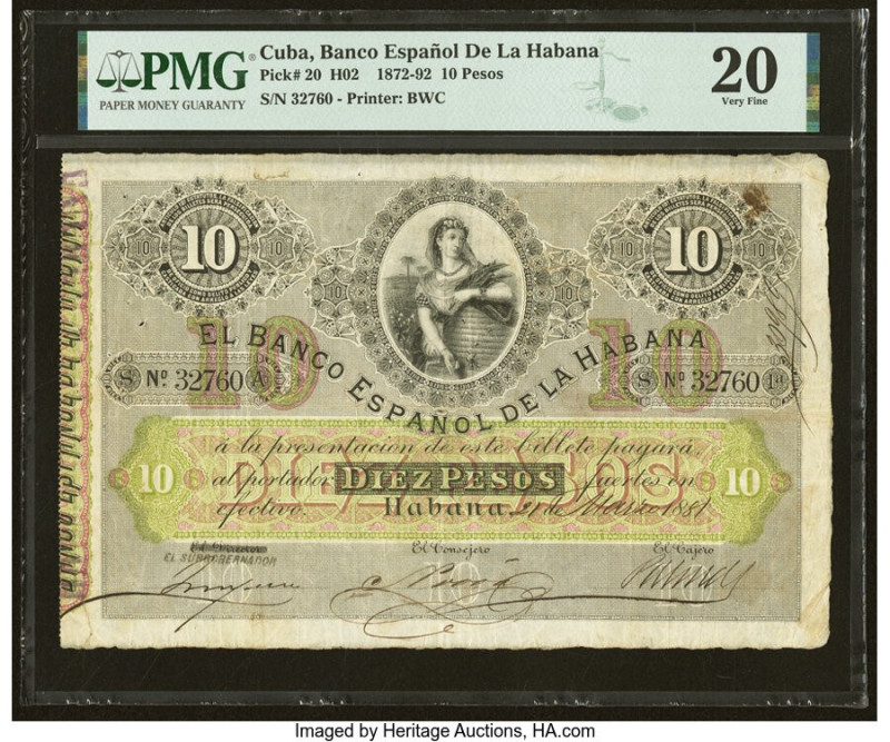 Cuba El Banco Espanol de la Habana 10 Pesos 21.3.1881 Pick 20 PMG Very Fine 20. ...